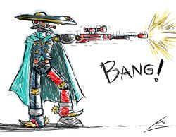Rule 34 | 1boy, amputee, borockman, cape, countershade (mighty no. 9), dart, firing, gun, hat, hat over eyes, male focus, mighty no. 9, missing limb, mouth hold, muzzle flash, rifle, robot, scope, sniper rifle, solo, sombrero, spurs, weapon