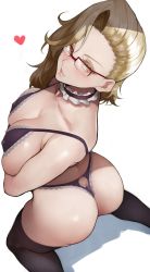 Rule 34 | 1girl, absurdres, ass, ass cutout, back, ballroom e youkoso, bare shoulders, black bra, black panties, black thighhighs, blonde hair, blush, bra, breasts, butt crack, cleavage, clothing cutout, collarbone, covered erect nipples, forehead, glasses, heart, highres, hyoudou marisa, kneeling, lace, lace-trimmed bra, lace-trimmed panties, lace trim, large breasts, long hair, looking at viewer, mole, mole under mouth, panties, thighhighs, underwear, yellow eyes, yoshio (55level)