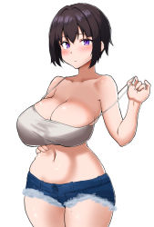 Rule 34 | 1girl, black hair, bob cut, breasts, camisole, denim, denim shorts, dumbbelldore, highres, huge breasts, looking at viewer, mole, navel, original, purple eyes, short hair, short shorts, shorts, simple background, solo, stomach, white background