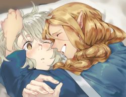 Rule 34 | 2girls, ^ ^, blue capelet, blush, braid, brown eyes, capelet, chchi game, closed eyes, derivative work, dungeon meshi, falin touden, grey hair, grin, hair around ear, hair over shoulder, hand on another&#039;s head, hand up, happy, korean commentary, light brown hair, long sleeves, lying, marcille donato, messy hair, multiple girls, on back, on bed, one eye closed, parted lips, portrait, profile, ruffling hair, screenshot redraw, smile, surprised