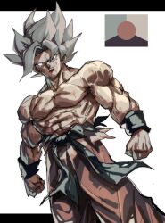 1boy abs brown_pants closed_mouth cowboy_shot dragon_ball dragonball_z dutch_angle frown grey_hair highres letterboxed limited_palette looking_at_viewer male_focus manatsu_no_yo_no_inmu meme muscular muscular_male pants pectorals simple_background solo son_goku spiked_hair tirano_tenchou topless_male v-shaped_eyebrows white_background yjsnpi_interview_(meme)