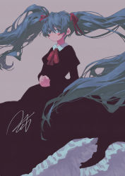 Rule 34 | 1girl, black dress, blue eyes, blue hair, blush, bow, bowtie, closed mouth, commentary request, dress, grey background, hair ribbon, hatsune miku, highres, juliet sleeves, long dress, long hair, long sleeves, looking at viewer, own hands clasped, own hands together, petticoat, potg (piotegu), puffy sleeves, red bow, red bowtie, red ribbon, ribbon, signature, simple background, smile, solo, twintails, very long hair, vocaloid
