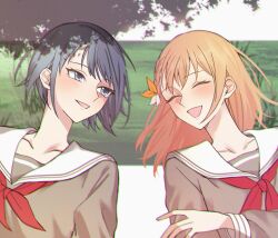 2girls blue_eyes blue_hair blush chromatic_aberration closed_eyes commentary grass grey_shirt hanasato_minori highres kiritani_haruka long_hair looking_at_another multiple_girls neckerchief nukosakana24 open_mouth orange_hair outdoors parted_lips project_sekai red_neckerchief sailor_collar school_uniform serafuku shirt short_hair smile symbol-only_commentary upper_body white_sailor_collar yuri