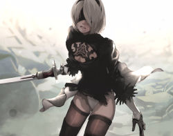 1girl, android, angry, black blindfold, black footwear, black gloves, black hairband, blindfold, breasts, brown legwear, cleavage, cleavage cutout, clenched teeth, clothing cutout, gauss &lt;bokashi, gloves, grey hair, hairband, holding, holding sword, holding weapon, mole, mole under mouth, nier (series), nier automata, puffy sleeves, robot, see-through, short hair, skindentation, solo, sword, teeth, thighhighs, torn, torn clothes, weapon, yorha no. 2 type b