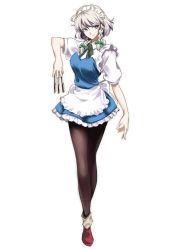 Rule 34 | 1girl, adapted costume, apron, arm at side, arm up, between fingers, black pantyhose, blue dress, blue eyes, bow, braid, breasts, dress, full body, hair between eyes, hair bow, holding, holding knife, izayoi sakuya, knife, knives between fingers, long legs, maid, maid apron, maid headdress, medium breasts, pantyhose, red footwear, ribbon, shiny clothes, shoes, short dress, short hair, silver hair, simple background, sleeveless, sleeveless dress, solo, touhou, tsurime, twin braids, waist apron, white background, yutarou
