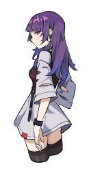 Rule 34 | 1girl, absurdres, arm at side, black thighhighs, black vest, breasts, closed mouth, clothing cutout, cropped legs, earrings, grey shirt, grey skirt, highres, idolmaster, idolmaster shiny colors, jewelry, long hair, looking at viewer, purple eyes, purple hair, shirt, sideways glance, simple background, skirt, small breasts, solo, tamago (eva1314056), tanaka mamimi, thighhighs, vest, watch, white background, wristwatch