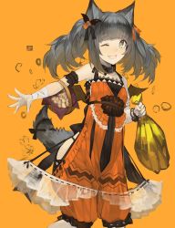 Rule 34 | 1girl, ;d, animal ears, aqua eyes, bag, bandages, black bow, black ribbon, blush, bow, clothing cutout, collar, collarbone, dated, fang, grey hair, hair bow, halloween, holding, holding bag, long hair, looking at viewer, one eye closed, open mouth, orange background, orange bow, original, rayvon, ribbon, side cutout, sidelocks, simple background, smile, solo, tail, tail ornament, tail ribbon, twintails, unitard, wolf ears, wolf tail