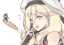 Rule 34 | 2girls, baguette, beret, blonde hair, blue eyes, bread, commentary request, dress, food, gloves, hair between eyes, hat, index finger raised, kantai collection, long hair, looking at viewer, mole, mole under eye, mole under mouth, multicolored clothes, multicolored dress, multicolored gloves, multicolored scarf, multiple girls, nakadori (movgnsk), pom pom (clothes), richelieu (kancolle), scarf, simple background, solo focus, strapless, strapless dress, tongue, tongue out, u-511 (kancolle), upper body, white background, white headwear