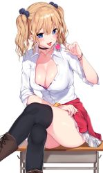 Rule 34 | 1girl, black legwear, blonde hair, blouse, blue eyes, boots, bracelet, breasts, candy, choker, cleavage, clothes around waist, collarbone, commentary request, cross-laced footwear, desk, food, hair between eyes, hair ornament, jewelry, lace-up boots, large breasts, lollipop, mataro (matarou), necklace, open clothes, open mouth, open shirt, original, pleated skirt, red sweater, school desk, school uniform, shirt, sidelocks, sitting, skirt, sweater, sweater around waist, tongue, tongue out, twintails, white background