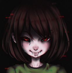 Rule 34 | androgynous, black blood, black sclera, blood, brown hair, chara (undertale), close-up, colored blood, colored sclera, gender request, glitch, green shirt, liquid, looking at viewer, portrait, red eyes, shirt, short hair, smile, smirk, solo, spoilers, static, undertale, wiki234