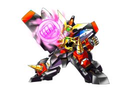 Rule 34 | chibi, clenched hands, commission, gaogaigar, glowing, glowing eyes, glowing hand, heyzan, highres, mecha, mechanical wings, no humans, orange eyes, robot, solo, super robot, v-fin, white background, wings, yuusha ou gaogaigar, yuusha series