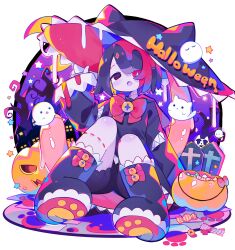 Rule 34 | 1girl, :o, ambiguous red liquid, animal hat, blush, bow, bowtie, candy, cat hat, fang, food, ghost, hair over one eye, half-closed eye, half-closed eyes, halloween, hat, highres, knees together feet apart, large hat, original, paw print, paw shoes, pumpkin, red bow, shoe soles, short hair, sitting, solo, star (symbol), tombstone, uenomigi, zombie