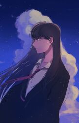 Rule 34 | 1girl, absurdres, bang dream!, bang dream! it&#039;s mygo!!!!!, black jacket, brown hair, closed mouth, cloud, collared shirt, highres, jacket, light particles, long hair, mole, mole under eye, necktie, night, night sky, outdoors, prigpet, profile, purple eyes, red necktie, shiina taki, shirt, sky, solo, sunset, upper body, white shirt