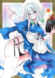 Rule 34 | 1girl, absurdres, adapted costume, apron, arim0k0, artist name, black panties, blue eyes, blush, bonsai, braid, closed mouth, commentary, cross-laced clothes, feet out of frame, frilled apron, frills, garter straps, grey hair, groin, highres, izayoi sakuya, japanese clothes, kimono, looking at viewer, maid headdress, marker (medium), panties, sample watermark, short hair, side braids, solo, thighhighs, touhou, traditional media, twin braids, underwear, watermark, white thighhighs