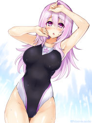 Rule 34 | 1girl, :o, arm up, armpits, bare arms, black one-piece swimsuit, blush, breasts, cherry blossoms, cleavage, competition swimsuit, covered navel, cowboy shot, cu-no, eyebrows, floral print, hair between eyes, hisen kaede, kikyou-0423, large breasts, long hair, looking at viewer, one-piece swimsuit, purple eyes, purple hair, shiny skin, solo, swimsuit, thigh gap, twitter username, wet, white background, yayoi sakura