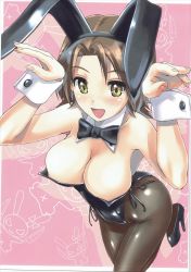 Rule 34 | 10s, 1girl, animal ears, areola slip, bare shoulders, black leotard, black pantyhose, blush, bow, bowtie, breasts, brown eyes, brown hair, cleavage, detached collar, emblem, fake animal ears, girls und panzer, high heels, highres, large breasts, leaning forward, leotard, matching hair/eyes, medium breasts, nenchi, nipple slip, nipples, open mouth, pantyhose, playboy bunny, rabbit, rabbit ears, sawa azusa, scan, short hair, side-tie leotard, smile, solo, standing, standing on one leg, wrist cuffs