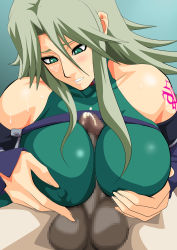 Rule 34 | 1boy, 1girl, banpresto, breasts, censored, clothed female nude male, clothed sex, cum, gradient background, green hair, hetero, highres, lamia loveless, large breasts, lime (purple haze), nude, paizuri, penis, super robot wars, upper body