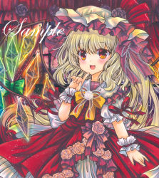 Rule 34 | 1girl, :d, blonde hair, blush, bow, bowtie, cowboy shot, crystal, curtains, dot nose, dress, dress flower, flandre scarlet, flower, frilled cuffs, frilled dress, frilled hat, frills, hair ribbon, hand up, hat, hat flower, hat ribbon, index finger raised, lace, lace-trimmed ribbon, lace trim, long hair, looking at viewer, marker (medium), mob cap, open mouth, pink flower, pink rose, puffy short sleeves, puffy sleeves, purple flower, purple rose, red curtains, red dress, red eyes, red ribbon, ribbon, rose, rui (sugar3), sample watermark, short sleeves, side ponytail, sleeve ribbon, smile, solo, standing, touhou, traditional media, watermark, white hat, wings, wrist cuffs, yellow bow, yellow bowtie