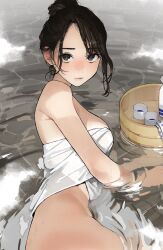 Rule 34 | 1girl, bare arms, bare hips, bare shoulders, black eyes, black hair, breasts, bucket, choko (cup), closed mouth, commentary request, cup, from side, hair bun, highres, large breasts, lips, looking at viewer, lying, naked towel, on side, onsen, original, parted bangs, single hair bun, solo, tokkuri, towel, upper body, water, white towel, wooden bucket, yomu (sgt epper)