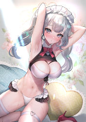Rule 34 | 1girl, armpits, arms up, babydoll, bikini, blush, bow, bowtie, breasts, cleavage, dutch angle, elf, flower, high heels, highres, hitowa, indoors, large breasts, long hair, looking at viewer, maid, maid bikini, maid headdress, mole, mole under eye, navel, original, parted lips, pointy ears, purple eyes, red bow, red bowtie, red footwear, ribbon, rose, skindentation, solo, sparkle, sunlight, swimsuit, thigh strap, thighs, twintails, unconventional maid, white bikini, white hair