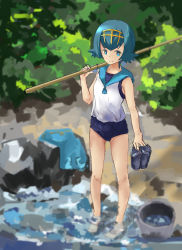 Rule 34 | 1girl, absurdres, blue eyes, blue hair, blue sailor collar, bucket, closed mouth, commentary, creatures (company), feet, fishing rod, game freak, hairband, highres, holding, holding clothes, holding footwear, lana (pokemon), nintendo, one-piece swimsuit, over shoulder, pants, pokemon, pokemon sm, rock, sailor collar, sandals, school swimsuit, shirt, short hair, sleeveless, smile, solo, swimsuit, swimsuit under clothes, trial captain, unworn pants, unworn sandals, wading, water, xufei (qrbqrb)
