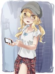 Rule 34 | 1girl, :d, absurdres, blonde hair, blue bow, border, borrowed character, bow, cellphone, clothes around waist, copyright request, cowboy shot, grey shorts, hair between eyes, hat, highres, holding, holding phone, jacket, jacket around waist, looking at viewer, low twintails, open mouth, phone, reiga (act000), shirt, short shorts, short sleeves, shorts, smartphone, smile, solo, standing, twintails, white border, white shirt, yellow eyes