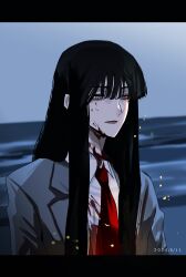 Rule 34 | 1girl, black hair, blood, blood on clothes, blood on face, blood on neck, closed mouth, collared shirt, commentary, dated, embers, grey eyes, grey jacket, highres, hoshi san 3, jacket, letterboxed, long hair, mole, mole under eye, necktie, ocean, open clothes, open jacket, original, outdoors, red necktie, shirt, sidelocks, solo, upper body, white shirt