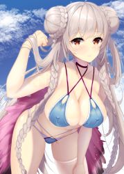 Rule 34 | 1girl, alternate costume, azur lane, bikini, blue bikini, blush, braid, breasts, choker, cleavage, closed mouth, collarbone, commentary request, covered erect nipples, day, double bun, formidable (azur lane), formidable (the lady of the beach) (azur lane), fukuda shuushi, hair between eyes, hair bun, hand in own hair, highres, large breasts, leaning forward, long hair, looking at viewer, navel, outdoors, red eyes, single thighhigh, sky, smile, solo, standing, swimsuit, tan, tanline, thighhighs, very long hair, white thighhighs