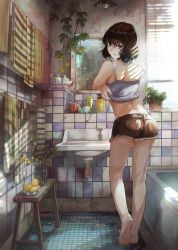 Rule 34 | 1girl, absurdres, bare back, bare shoulders, barefoot, bathroom, bathtub, bench, black hair, bob cut, bottle, brown shorts, camisole, ceiling light, clothes lift, commentary request, crack, cracked wall, cup, cutoffs, drain (object), from behind, grey camisole, grey eyes, hair brush, highres, indoors, ivy, lifted by self, light bulb, light particles, light rays, looking at viewer, looking back, midriff, mirror, mug, original, plant, potted plant, rubber duck, sakura inu (itoyatomo), shadow, shirt lift, short hair, short shorts, shorts, sink, solo, sparkle, standing, sunbeam, sunlight, tile floor, tile wall, tiles, toothbrush, towel, towel rack, undressing, vase, wavy hair, window, window blinds