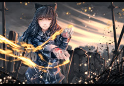 Rule 34 | 1girl, advarcher, amestris military uniform, black hair, blake belladonna, bow, commission, cosplay, fire, fullmetal alchemist, gloves, hair bow, letterboxed, roy mustang, roy mustang (cosplay), solo, yellow eyes