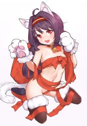Rule 34 | 1girl, :d, ahoge, animal ear fluff, animal ears, animal hands, artist name, bare shoulders, bell, blush, breasts, cat ears, cat tail, collarbone, commentary request, full body, gloves, hairband, highres, kemonomimi mode, lavie, long hair, looking at viewer, naked ribbon, navel, open mouth, paw gloves, purple hair, red eyes, red footwear, red hairband, red ribbon, ribbon, shoes, simple background, small breasts, smile, solo, sword art online, tail, thighhighs, white background, yuuki (sao)