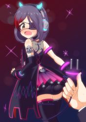 Rule 34 | 10s, 1girl, ahoge, ass, bare shoulders, black hair, blush, brown eyes, cable, costume, eyepatch, fang, fingerless gloves, from behind, gloves, hayasaka mirei, headphones, highres, horns, idolmaster, idolmaster cinderella girls, looking at viewer, mokuzu, multicolored hair, open mouth, plug, shiny clothes, shiny skin, short hair, short shorts, shorts, solo, thighhighs
