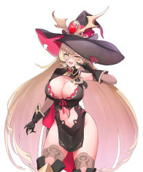 Rule 34 | 1girl, absurdres, bad id, bad pixiv id, bare hips, black dress, black gloves, blonde hair, boots, bra, bra peek, breasts, brown thighhighs, cape, center opening, clothing cutout, contrapposto, cowboy shot, dress, fang, gem, gloves, hair between eyes, hat, heart, highres, large breasts, long hair, looking at viewer, multicolored cape, multicolored clothes, navel, navel cutout, nijisanji, no panties, nui sociere, nui sociere (1st costume), open mouth, partially fingerless gloves, red bra, revealing clothes, short dress, side slit, simple background, skin fang, smile, solo, thigh boots, thighhighs, thighhighs under boots, torn clothes, torn hat, ts levia, underwear, very long hair, virtual youtuber, w, white background, witch hat, yellow eyes