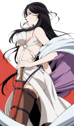 Rule 34 | 1girl, arslan senki, ass, bad id, bad pixiv id, bare shoulders, black hair, breasts, earrings, falangies, female focus, green eyes, highres, jewelry, large breasts, lipstick, long hair, makeup, red background, shawl, sheath, sheathed, short sword, signature, simple background, solo, sword, thighhighs, two-tone background, umishima senbon, weapon, white background