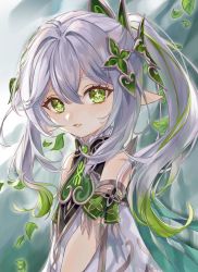 Rule 34 | 1girl, bare shoulders, blush, dress, elf, genshin impact, green eyes, hair ornament, highres, leaf, looking at viewer, nahida (genshin impact), parted lips, pointy ears, side ponytail, solo, symbol-shaped pupils, una kamra, white dress, white hair