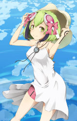 Rule 34 | 10s, 1girl, android, bare shoulders, bike shorts, blue sky, blush, cable, cable tail, clothes lift, cloud, cloudy sky, collarbone, day, dimension w, dress, dress lift, green eyes, green hair, hair ribbon, hat, headgear, holding, holding clothes, holding hat, looking at viewer, matching hair/eyes, mechanical tail, multicolored hair, outdoors, piisu, ribbon, short hair, sky, sleeveless, sleeveless dress, smile, solo, streaked hair, tail, two-tone hair, unworn hat, unworn headwear, white dress, wind, wind lift, yurizaki mira