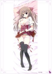 Rule 34 | 1girl, absurdres, ahoge, bra, bra pull, breasts, brown hair, clothes lift, clothes pull, copyright request, dakimakura (medium), frilled pillow, frills, full body, hair ornament, hairclip, highres, inugami kira, nipples, panties, panty pull, pillow, purple eyes, pussy, pussy peek, skirt, skirt lift, solo, thighhighs, underwear