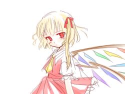 Rule 34 | 1girl, ascot, blonde hair, blush, female focus, flandre scarlet, hair ribbon, looking at viewer, looking to the side, no headwear, puffy short sleeves, puffy sleeves, red eyes, red ribbon, red skirt, ribbon, same no hito, short sleeves, side ponytail, simple background, skirt, skirt set, solo, touhou, vest, white background, wings