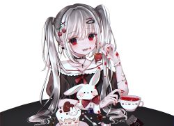 Rule 34 | 1girl, absurdres, bad id, bad pixiv id, bandages, bandaid, blood, blood in hair, blood on arm, blood on face, blood on hands, cake, cherry, choker, cross, cross necklace, cup, ear piercing, earrings, fangs, food, fruit, hair ornament, hairclip, highres, holding, holding food, holding fruit, jewelry, long hair, looking at viewer, nail polish, necklace, open mouth, original, piercing, red eyes, sakura mochiko, silver hair, solo, stuffed animal, stuffed rabbit, stuffed toy, teacup, twintails