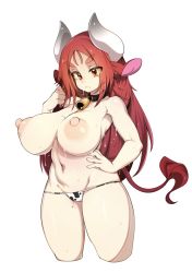 Rule 34 | 1girl, absurdres, animal ears, bell, black choker, breasts, choker, commentary, cow ears, cow girl, cow horns, cow tail, english commentary, hand on own hip, highres, horns, large breasts, long hair, mole, mole on breast, navel, neck bell, nipples, orange eyes, original, red hair, simple background, slugbox, solo, sweat, tail, thick eyebrows, white background, white horns