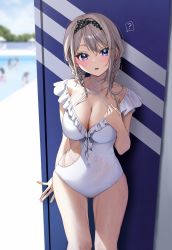 Rule 34 | 5girls, ?, blue eyes, blush, breasts, chigusa minori, cleavage, collarbone, commentary request, corrupted twitter file, covered navel, frilled one-piece swimsuit, frills, grey hair, hair ornament, halterneck, highres, large breasts, long hair, looking at viewer, multiple girls, one-piece swimsuit, outdoors, parted lips, pool, saotome shino (shino to ren), shino to ren, solo focus, swimsuit, thighs, wet, white one-piece swimsuit