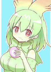 Rule 34 | 1girl, :t, bare shoulders, blush, breasts, cellval, closed mouth, colored skin, commentary request, elbow gloves, food, food on face, gloves, green gloves, green hair, green shirt, green skin, hair between eyes, hand up, highres, holding, holding food, japari bun, japari symbol, kemono friends, long hair, looking at viewer, medium breasts, red eyes, shirt, sleeveless, sleeveless shirt, solo, sunanuko (ramuneko), wavy mouth