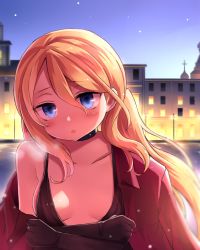 Rule 34 | 1girl, blonde hair, blue eyes, breasts, building, choker, church, cleavage cutout, clothing cutout, commentary request, cross, elina lavrentieva, gloves, hair between eyes, highres, jacket, unworn jacket, long hair, looking at viewer, medium breasts, neit ni sei, night, night sky, open mouth, original, sky, solo, star (sky), two side up, upper body