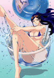 Rule 34 | 1girl, areola slip, ass, bare arms, bare shoulders, barefoot, bikini, black hair, blue bikini, blue eyes, blush, breasts, cleavage, cup, curvy, eyewear on head, feet, female focus, gradient background, hat, high ponytail, hip focus, holding legs, huge ass, in container, in cup, kakutou oukoku, knees together feet apart, large breasts, leg up, legs, long hair, looking at viewer, micro bikini, mini person, minigirl, nico robin, ohcock, one piece, outstretched arms, partially submerged, partially visible vulva, ponytail, simple background, sitting, smile, solo, sunglasses, sunglasses on head, swimsuit, thick thighs, thighs, toes, water, wide hips