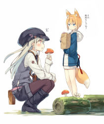Rule 34 | 2girls, animal ear fluff, animal ears, black hat, blonde hair, blue eyes, blush, boots, camera, closed mouth, eating, food, fox ears, fox tail, frown, hat, heart, hood, jitome, looking at another, looking down, looking up, multiple girls, mushroom, necktie, original, pantyhose, poco (asahi age), red eyes, shiratama kitsune, shirt, shorts, simple background, tail, white background, white hair, white shirt