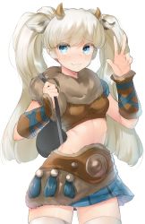 Rule 34 | 1girl, backpack, bag, belt, blonde hair, blue eyes, blue skirt, breasts, covered navel, eyes visible through hair, gluteal fold, highlander (tree of savior), highres, jpeg artifacts, midriff, naso4, parted lips, simple background, skirt, small breasts, smile, solo, swordman (tree of savior), thighhighs, thighs, tree of savior, v, white background, white thighhighs, zettai ryouiki