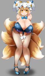 Rule 34 | 1girl, alternate costume, animal hat, bare shoulders, bent over, between legs, blonde hair, blue bow, blue bowtie, blue footwear, blue leotard, blush, bow, bowtie, breasts, cleavage, detached collar, fishnet pantyhose, fishnets, fox tail, full body, hair between eyes, hand between legs, hanging breasts, hat, high heels, huge breasts, knees together feet apart, leotard, mob cap, multicolored hair, multiple tails, nontraditional playboy bunny, pantyhose, pigeon-toed, pink hair, playboy bunny, shiny skin, shoes, short eyebrows, short hair, slit pupils, smile, solo, standing, streaked hair, tail, thighs, touhou, wide hips, wildcat (kusonemi), wrist cuffs, yakumo ran, yellow eyes