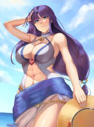 Rule 34 | 1girl, abs, absurdres, altina (fire emblem), altina (summer) (fire emblem), bare shoulders, blue eyes, blue sky, breasts, casual one-piece swimsuit, cleavage, collarbone, dated, fire emblem, fire emblem: radiant dawn, fire emblem heroes, grey one-piece swimsuit, grin, hand up, hat, highres, holding, holding clothes, holding hat, large breasts, long hair, looking at viewer, navel, nintendo, ocean, official alternate costume, one-piece swimsuit, outdoors, purple hair, signature, sky, smile, solo, standing, swimsuit, tempurachronos, very long hair