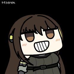Rule 34 | 1girl, animated, animated gif, artist name, atsuko&#039;s grin (meme), brown eyes, brown hair, chibi, chinese commentary, commentary request, girls&#039; frontline, grin, long hair, lowres, m4a1 (girls&#039; frontline), m4a1 (mod3) (girls&#039; frontline), meme, mod3 (girls&#039; frontline), multicolored hair, particle cannon case, seseren, simple background, smile, solo, streaked hair, teeth, transparent background