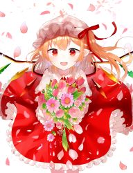 Rule 34 | 1girl, :d, baby&#039;s-breath, blonde hair, bouquet, commentary request, daisy, earrings, flandre scarlet, flower, flower earrings, frilled skirt, frills, hair between eyes, hair ribbon, hat, holding, holding bouquet, jewelry, leaning forward, looking at viewer, medium hair, mob cap, open mouth, petals, petticoat, pink flower, pink rose, pointy ears, puffy short sleeves, puffy sleeves, red eyes, red skirt, red vest, ribbon, rose, sakizaki saki-p, shirt, short sleeves, side ponytail, simple background, skirt, smile, solo, standing, touhou, tulip, vest, white background, white hat, white shirt, wind, wings